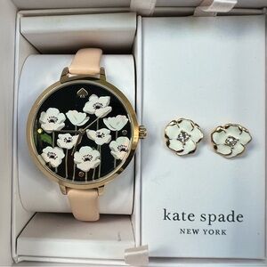 Kate Spade Gold and Cream Floral Watch and Earrings Set